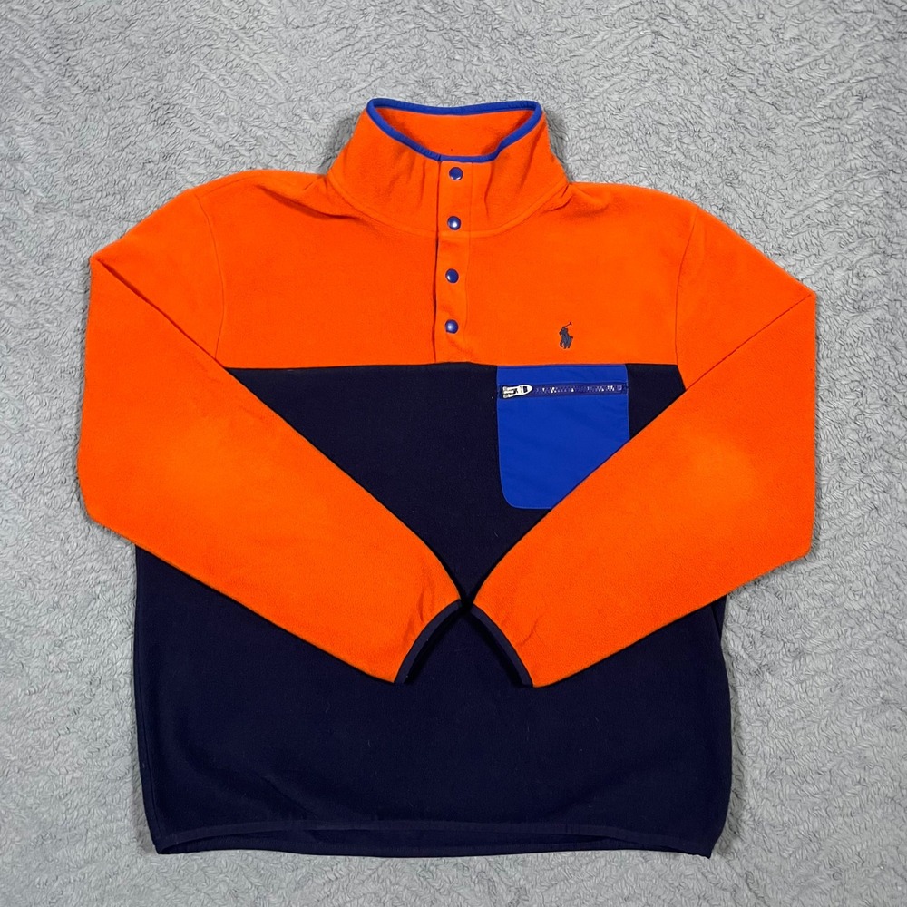Polo Ralph Lauren Fleece 1/4 Snap Pullover Mens Sz L Orange Navy Colorblock